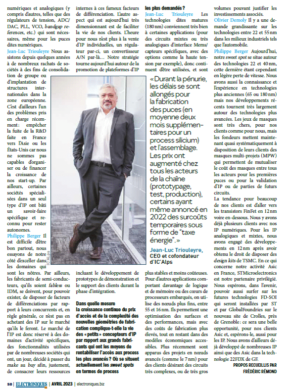 IC'Alps dans la revue ElectroniqueS d'avril 2023